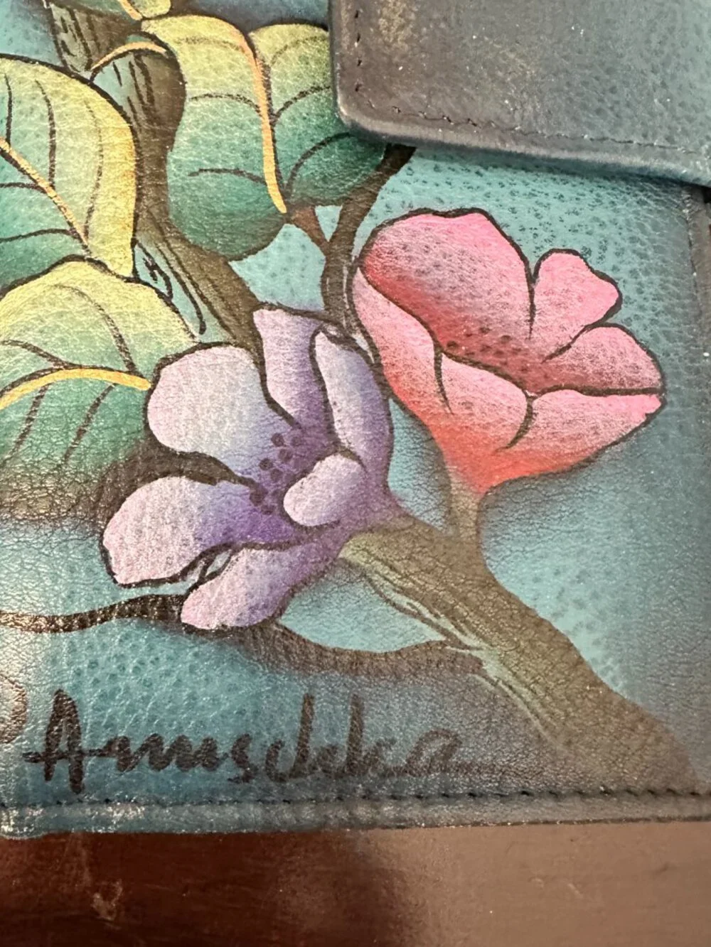 ANUSHKA Aqua Blue Leather Hand-Painted Butterfly & Floral Organizer Wallet